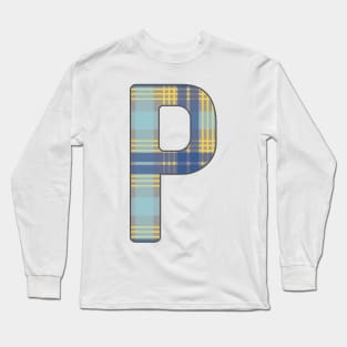 Monogram Letter P, Blue, Yellow and Grey Scottish Tartan Style Typography Design Long Sleeve T-Shirt